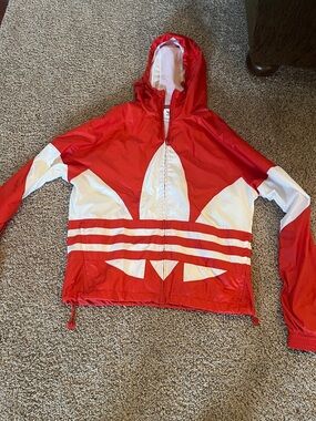 Adidas Red and White Hooded Windbreaker Jacket lightweight size small